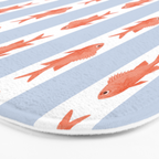 Coastal Fish Stripes Nostalgic Pattern in Light Blue, Orange Red, and White Bath Mat Gallery Image 3