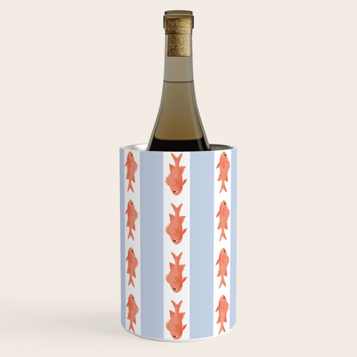 Coastal Fish Stripes Nostalgic Pattern in Light Blue, Orange Red, and White Wine Chiller Gallery Image 2