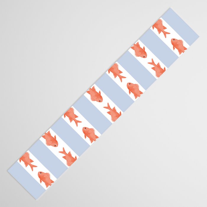 Coastal Fish Stripes Nostalgic Pattern in Light Blue, Orange Red, and White Table Runner Gallery Image 3
