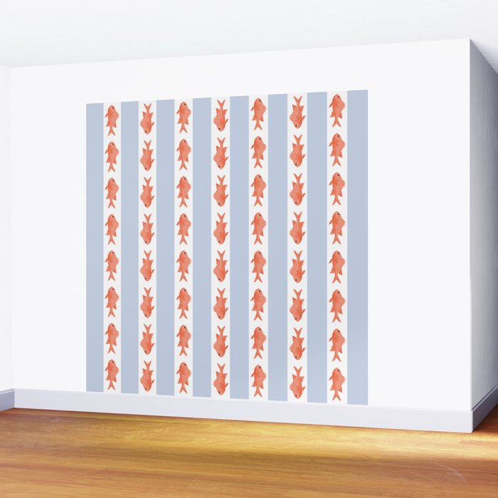 Coastal Fish Stripes Nostalgic Pattern in Light Blue, Orange Red, and White Wall Mural Gallery Image 2