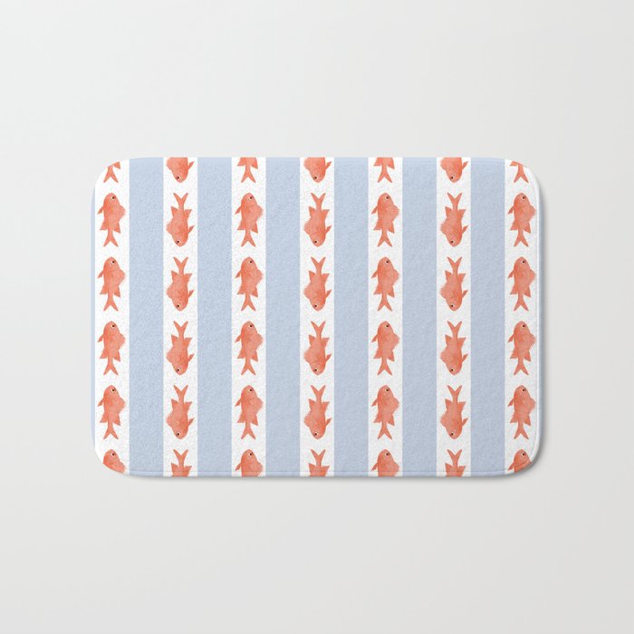 Coastal Fish Stripes Nostalgic Pattern in Light Blue, Orange Red, and White Bath Mat Gallery Image 1