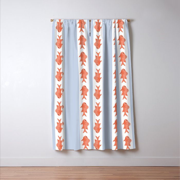 Coastal Fish Stripes Nostalgic Pattern in Light Blue, Orange Red, and White Window Curtain Gallery Image 3