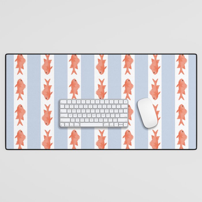 Coastal Fish Stripes Nostalgic Pattern in Light Blue, Orange Red, and White Desk Mat Gallery Image 1