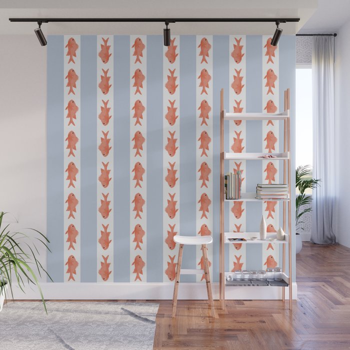 Coastal Fish Stripes Nostalgic Pattern in Light Blue, Orange Red, and White Wall Mural Gallery Image 1