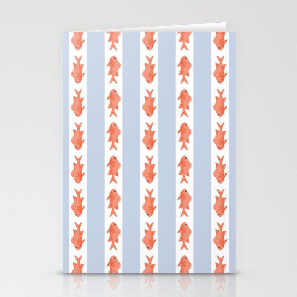Coastal Fish Stripes Nostalgic Pattern in Light Blue, Orange Red, and White Stationery Card Gallery Image 1