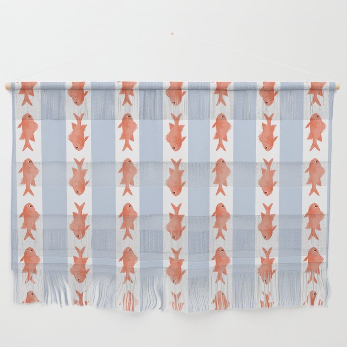 Coastal Fish Stripes Nostalgic Pattern in Light Blue, Orange Red, and White Wall Hanging Gallery Image 1