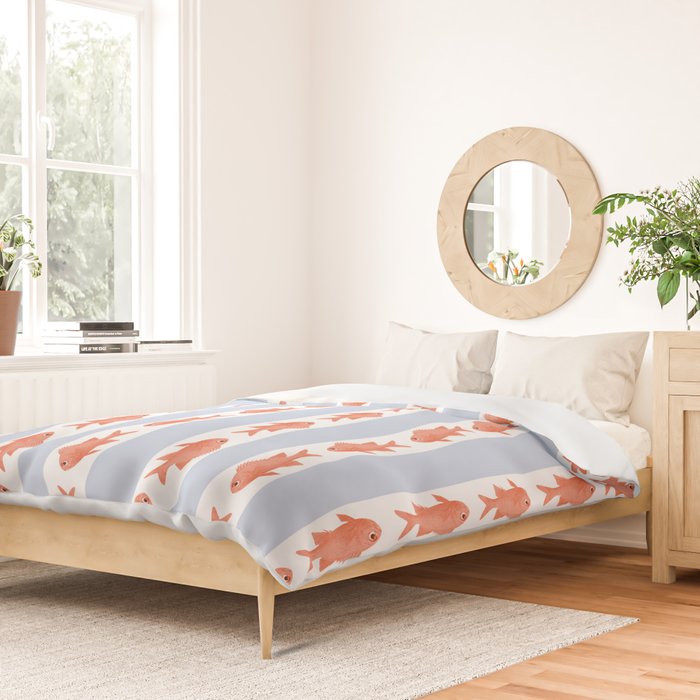 Coastal Fish Stripes Nostalgic Pattern in Light Blue, Orange Red, and White Duvet Cover Gallery Image 2