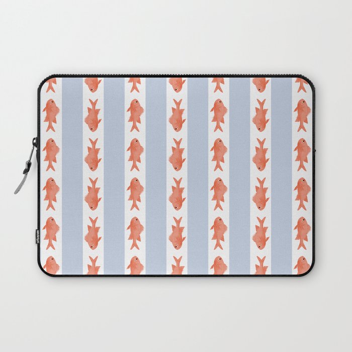 Coastal Fish Stripes Nostalgic Pattern in Light Blue, Orange Red, and White Laptop Sleeve Gallery Image 1