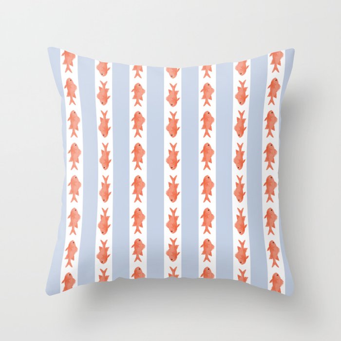 Coastal Fish Stripes Nostalgic Pattern in Light Blue, Orange Red, and White Throw Pillow Gallery Image 6