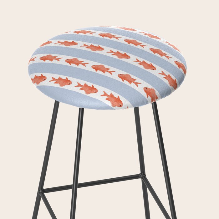 Coastal Fish Stripes Nostalgic Pattern in Light Blue, Orange Red, and White Stool Gallery Image 2