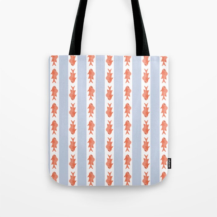 Coastal Fish Stripes Nostalgic Pattern in Light Blue, Orange Red, and White Tote Bag Gallery Image 1