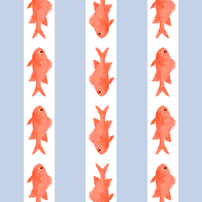 Coastal Fish Stripes Nostalgic Pattern in Light Blue, Orange Red, and White Coffee Mug Gallery Image 2