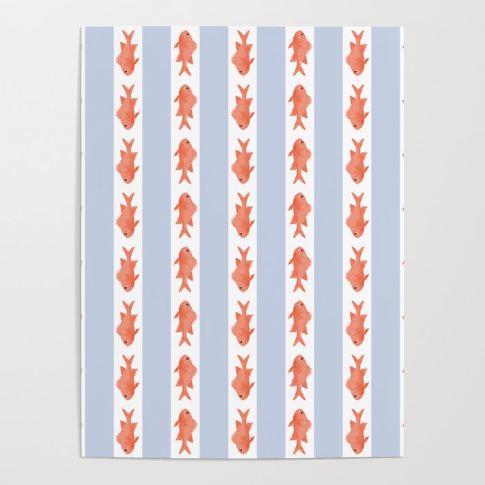 Coastal Fish Stripes Nostalgic Pattern in Light Blue, Orange Red, and White Poster Gallery Image 4