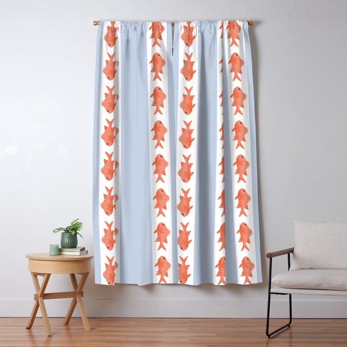 Coastal Fish Stripes Nostalgic Pattern in Light Blue, Orange Red, and White Window Curtain Gallery Image 5