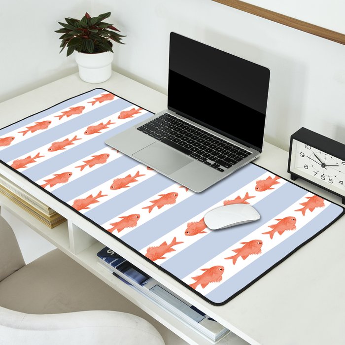 Coastal Fish Stripes Nostalgic Pattern in Light Blue, Orange Red, and White Desk Mat Gallery Image 2