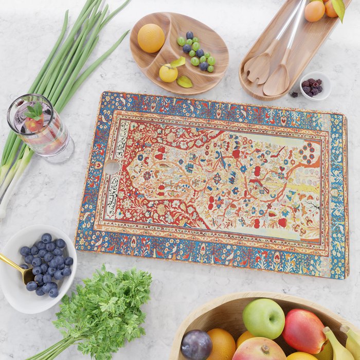 Antique Persian Garden Rug With Birds Print Cutting Board Gallery Image 2