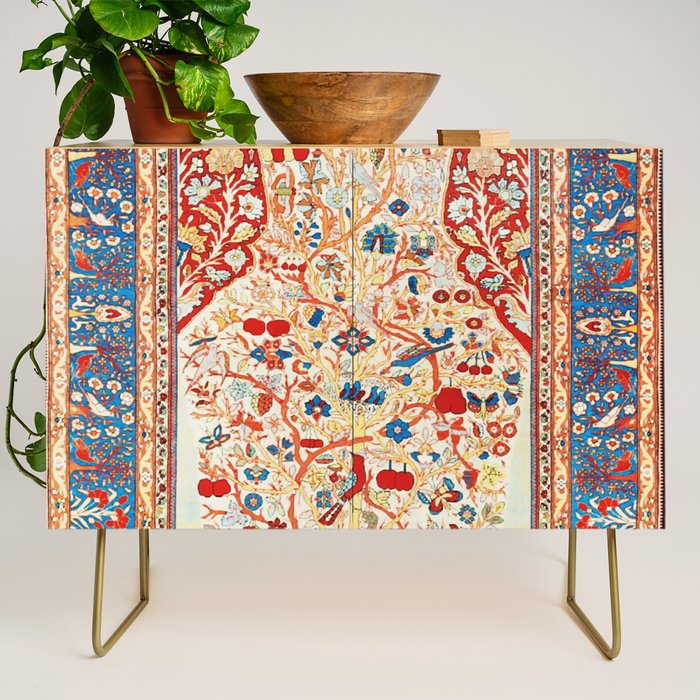 Antique Persian Garden Rug With Birds Print Credenza Gallery Image 1