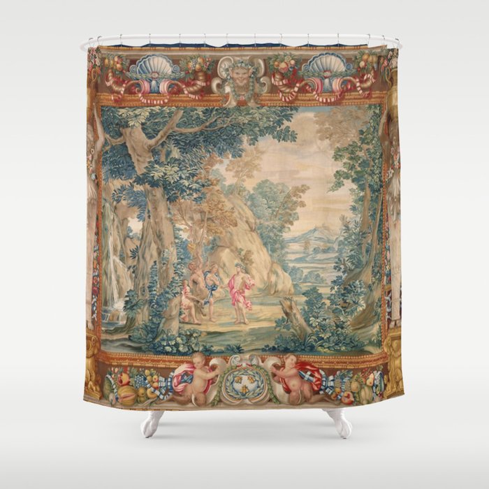 Antique 17th Century Romantic Mythological Garden Italian Tapestry Shower Curtain Gallery Image 1