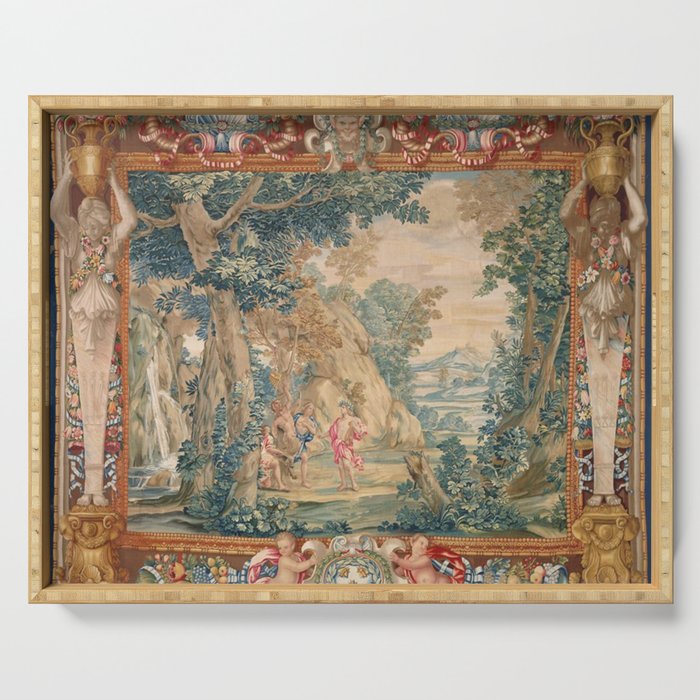Antique 17th Century Romantic Mythological Garden Italian Tapestry Serving Tray Gallery Image 1