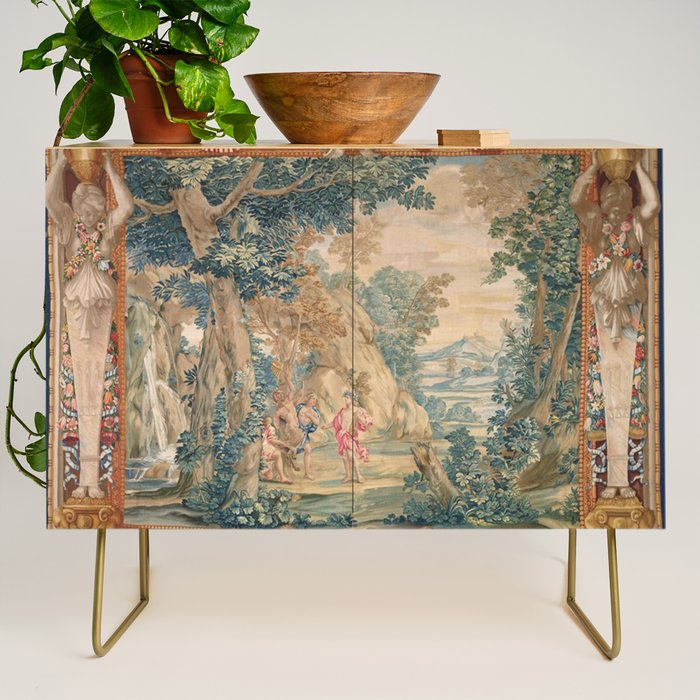 Antique 17th Century Romantic Mythological Garden Italian Tapestry Credenza Gallery Image 1