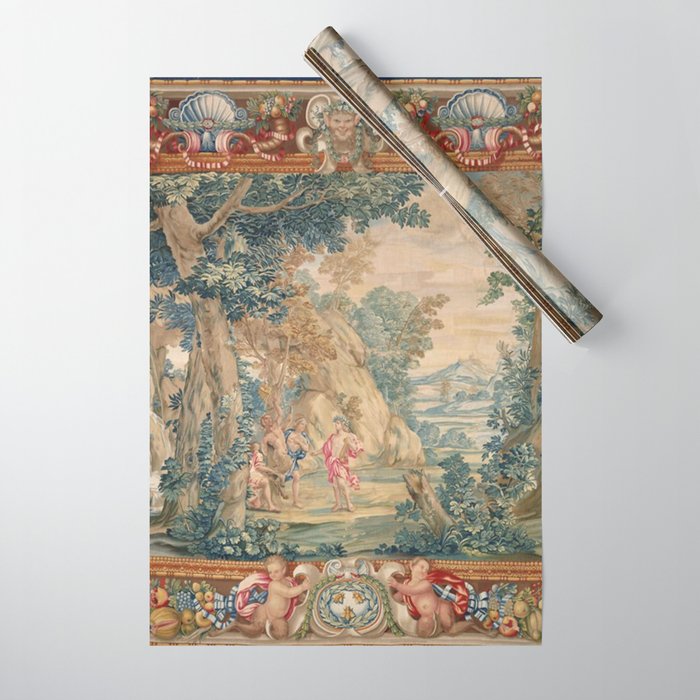 Antique 17th Century Romantic Mythological Garden Italian Tapestry Wrapping Paper Gallery Image 1