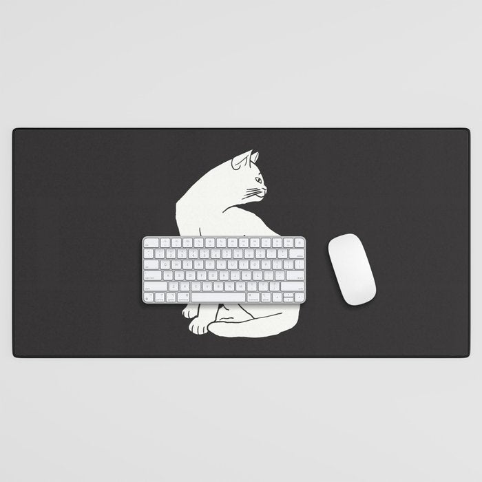 White Cat On Black Desk Mat Gallery Image 1