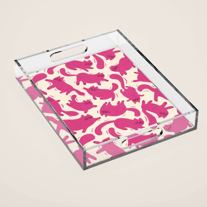 Playful Pink Cats Pattern Acrylic Tray Gallery Image 1
