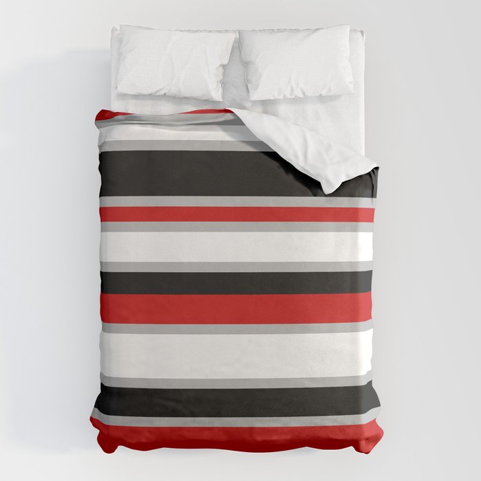 Modern Horizontal Stripes // Red, Gray, Black and White Duvet Cover Gallery Image 1