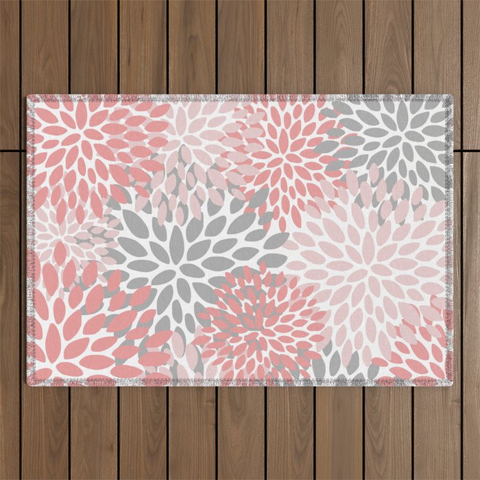 Floral Pattern, Coral Pink and Gray Outdoor Rug Gallery Image 1