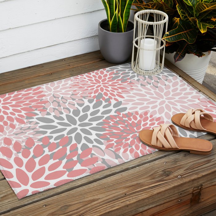 Floral Pattern, Coral Pink and Gray Outdoor Rug Gallery Image 2