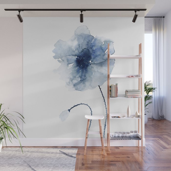 Blue Watercolor Poppies #2 Wall Mural Gallery Image 1