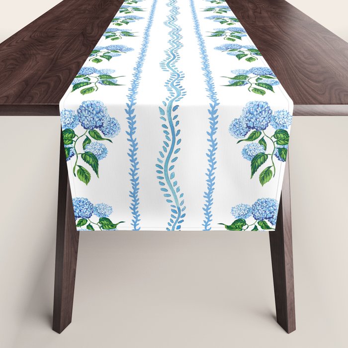 Hydrangea blue and white stripes coastal style Table Runner Gallery Image 1