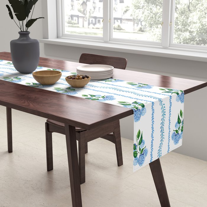 Hydrangea blue and white stripes coastal style Table Runner Gallery Image 2