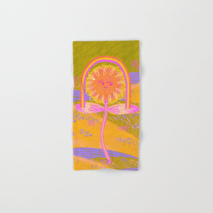 Retro Sunflower & Rainbow in Green & Pink Bath Towel Gallery Image 1