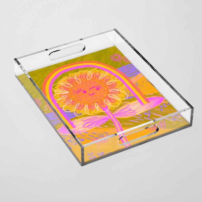 Retro Sunflower & Rainbow in Green & Pink Acrylic Tray Gallery Image 1