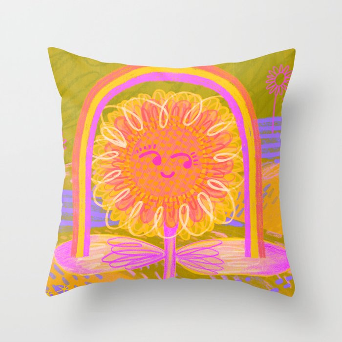 Retro Sunflower & Rainbow in Green & Pink Throw Pillow Gallery Image 1