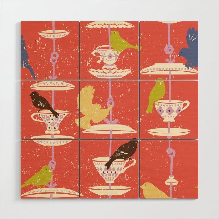 Garden Bird feeding happy red Wood Wall Art Gallery Image 1