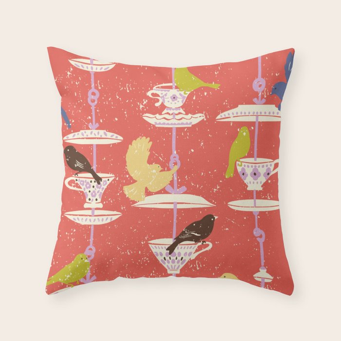 Garden Bird feeding happy red Throw Pillow Gallery Image 1