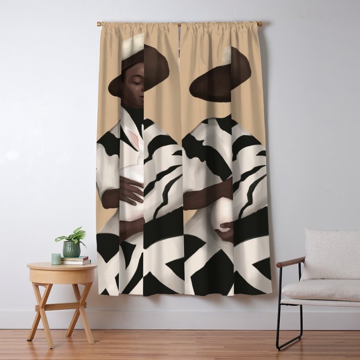 Woman in Stripes Holding a White Rabbit Window Curtain Gallery Image 5