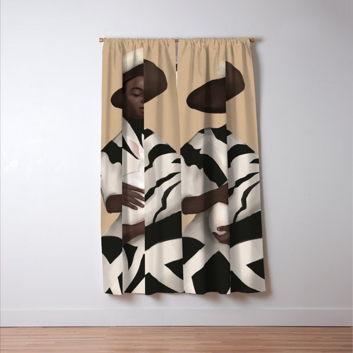 Woman in Stripes Holding a White Rabbit Window Curtain Gallery Image 3