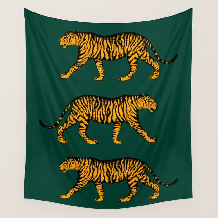 Tigers (Dark Green and Marigold) Wall Tapestry Gallery Image 1