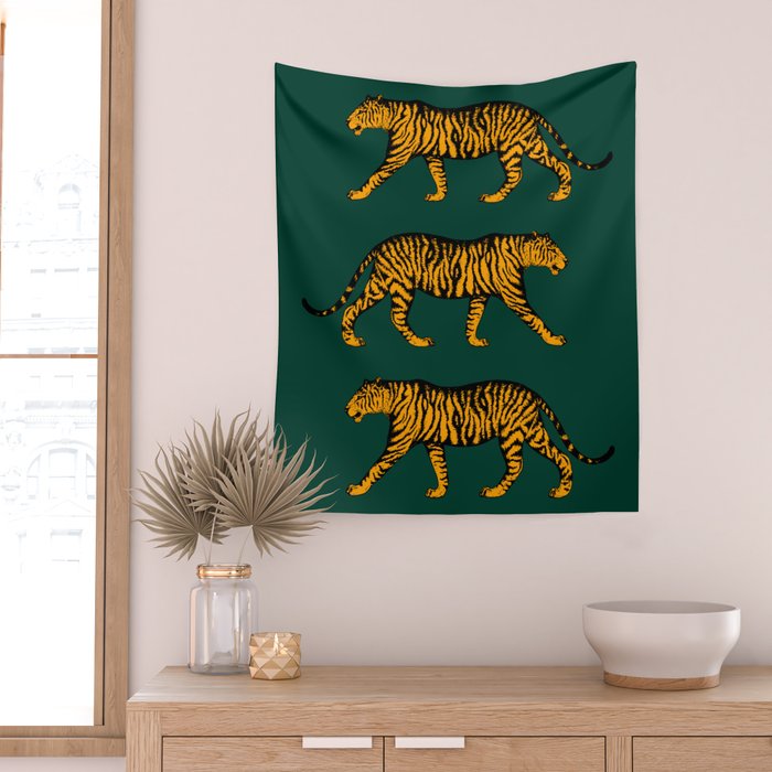 Tigers (Dark Green and Marigold) Wall Tapestry Gallery Image 2