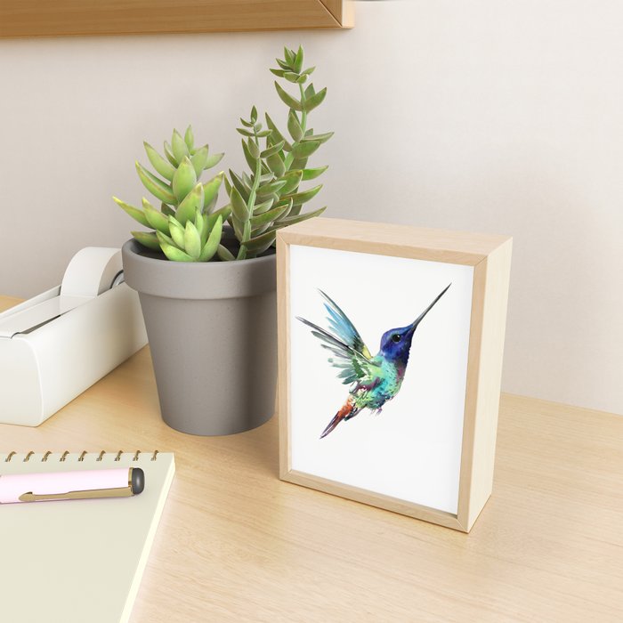 Flying Hummingbird flying bird, turquoise blue elegant bird minimalist design Mini Art Print Gallery Image 2