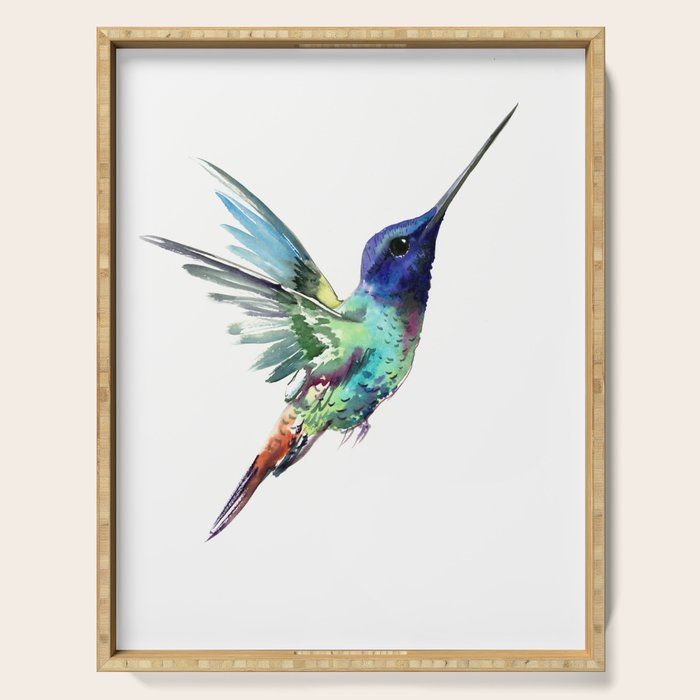 Flying Hummingbird flying bird, turquoise blue elegant bird minimalist design Serving Tray Gallery Image 1