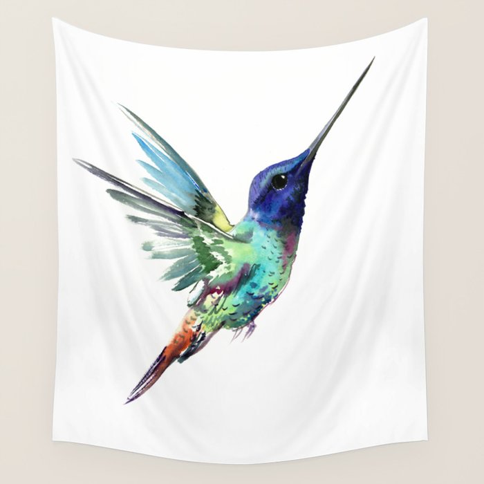 Flying Hummingbird flying bird, turquoise blue elegant bird minimalist design Wall Tapestry Gallery Image 1