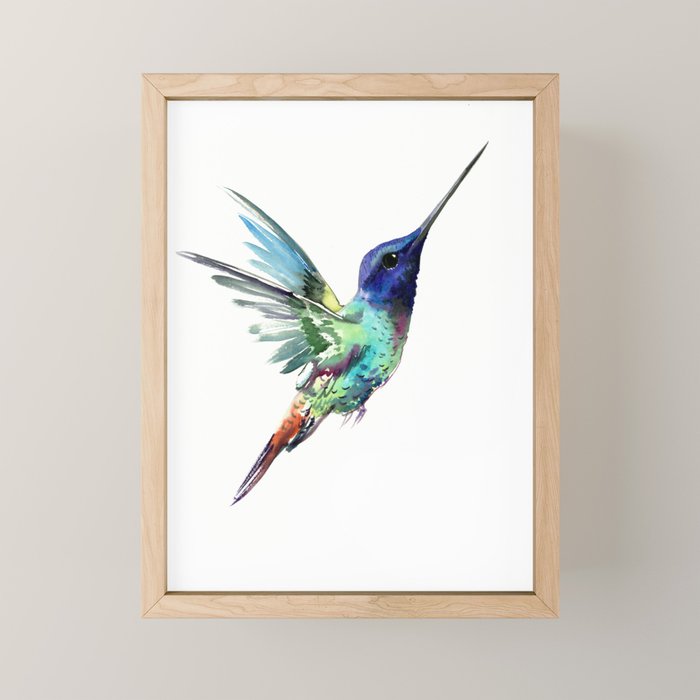 Flying Hummingbird flying bird, turquoise blue elegant bird minimalist design Mini Art Print Gallery Image 1