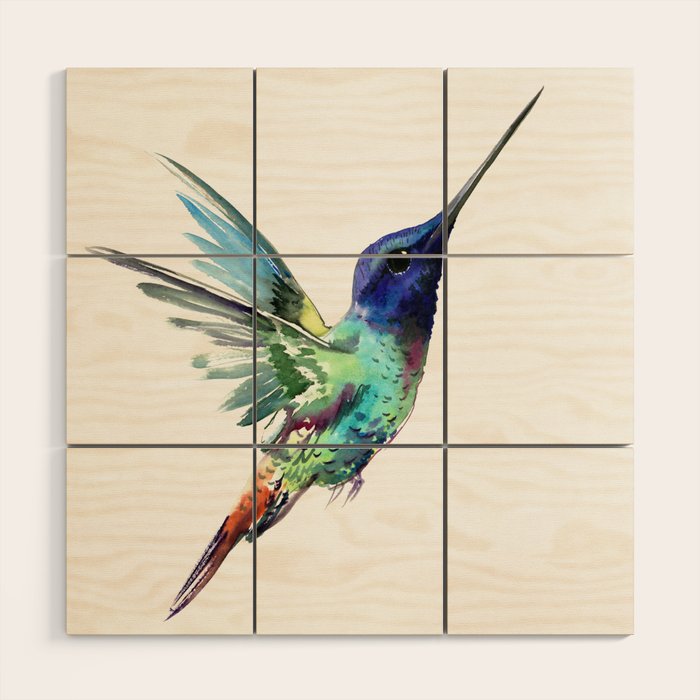 Flying Hummingbird flying bird, turquoise blue elegant bird minimalist design Wood Wall Art Gallery Image 1