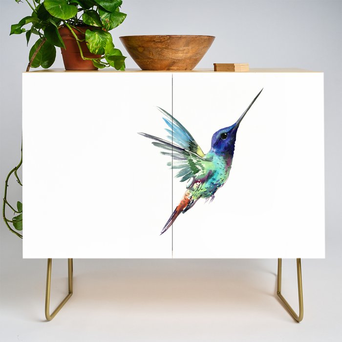 Flying Hummingbird flying bird, turquoise blue elegant bird minimalist design Credenza Gallery Image 1