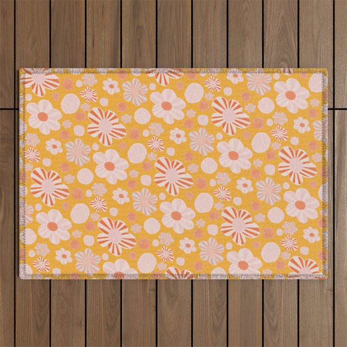 Pop Art Stripe Flowers in Retro Tangerine Outdoor Rug Gallery Image 1