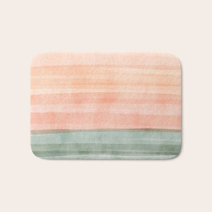 Light Sage Green Waves on a Peach Horizon, Abstract _watercolor color block Bath Mat